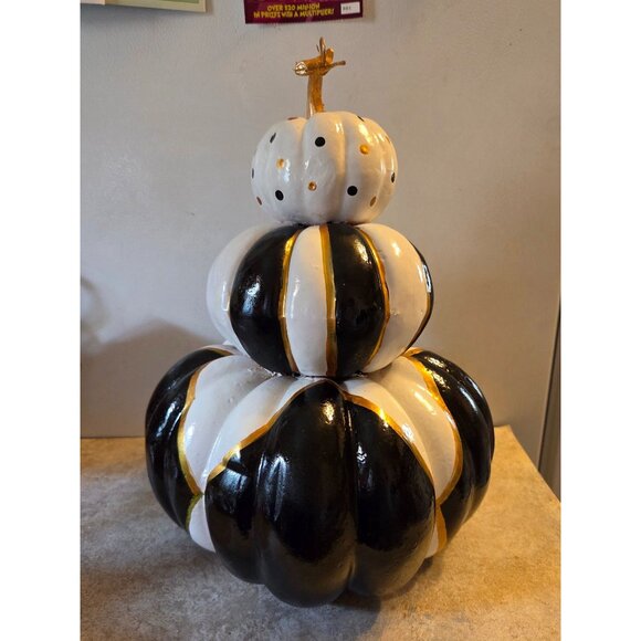 Stacked Black & White Check Pumpkin Decor Fall Thanksgiving 14" Upcycled - Picture 4 of 10
